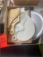 Box lot assorted cutting boards, bread pan