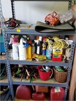 2 METAL SHELVES WITH GARDENING SUPPLIES AND GAS