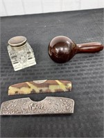 3pc antique inkwell darner & Danish comb / case