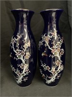 2 CERAMIC 11 “ CHERRY BLOSSOM BLUE VASES -