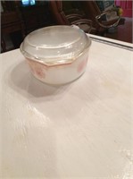 Pink and White Pyrex Dish, lid has chips