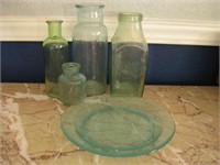 Assorted Vintage Glass Bottles & Plate Tallest 8"