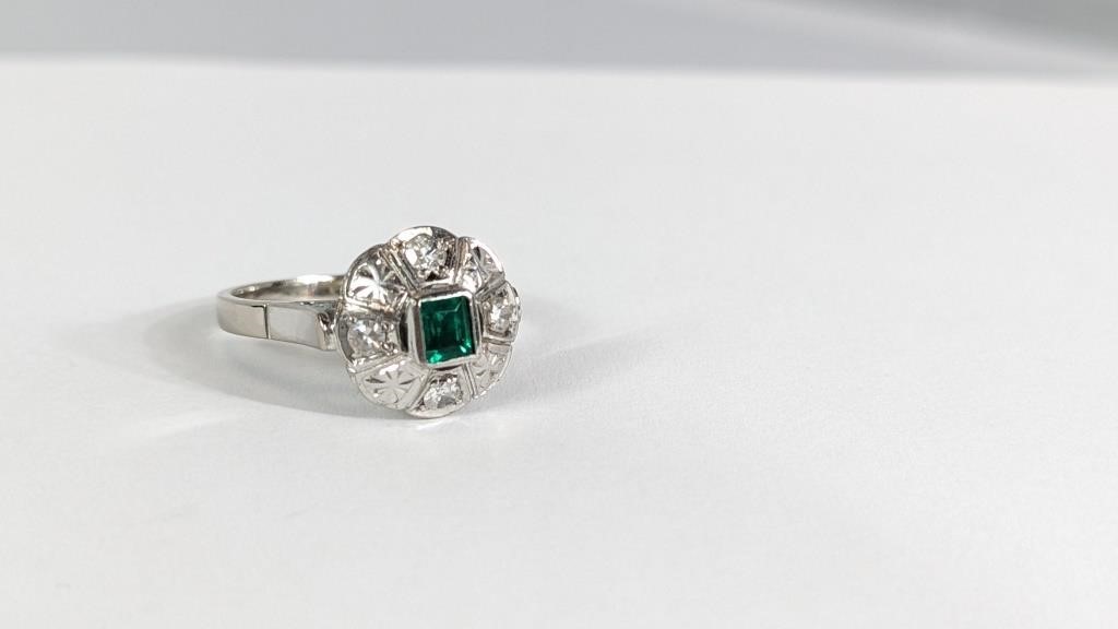 14K White Gold, Diamond and Emerald Ring