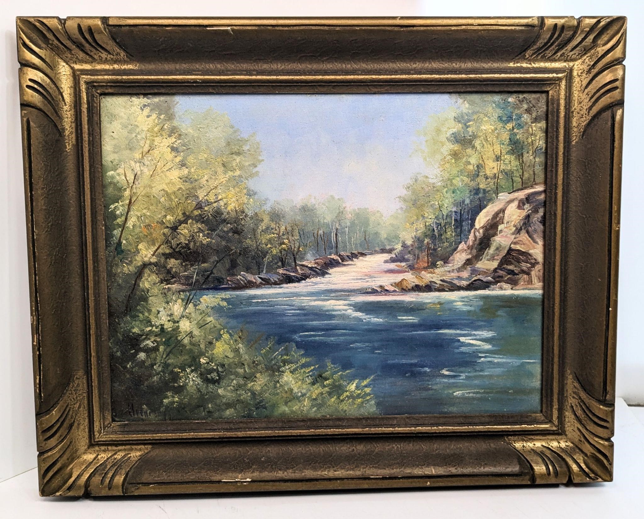 Signed River Landscape Framed Painting