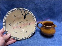 Pottery strainer & small pitcher