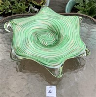Art glass green sparkle free form dish