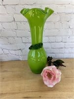 Large green art glass vase 15"