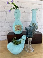 Decor, 9" Art glass case, bird, candle holder