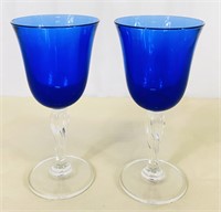 Set of 2 Cobalt Blue & Clear Stemmed Glasses