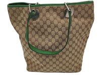 GG Beige Linen Green Leather Tote Bag