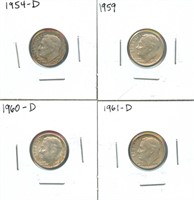 4 Roosevelt Silver Dimes - 1954-D, 1959, 1960-D &