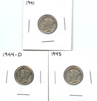 3 Mercury Silver Dimes - 1941, 1944-D & 1945