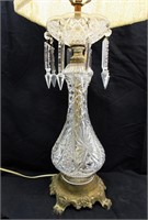 Antique Cut Crystal & Brass Lamp 20"T