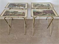 (4) Mid Century Currier & Ives TV Trays on Stands