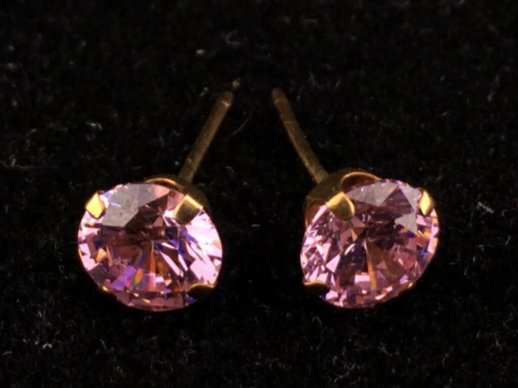 10K Gold Post Earrings with Pink Stones - 0.8g