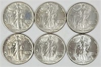 6 AU/MS 1945-P Walking Liberty Silver Half Dollars