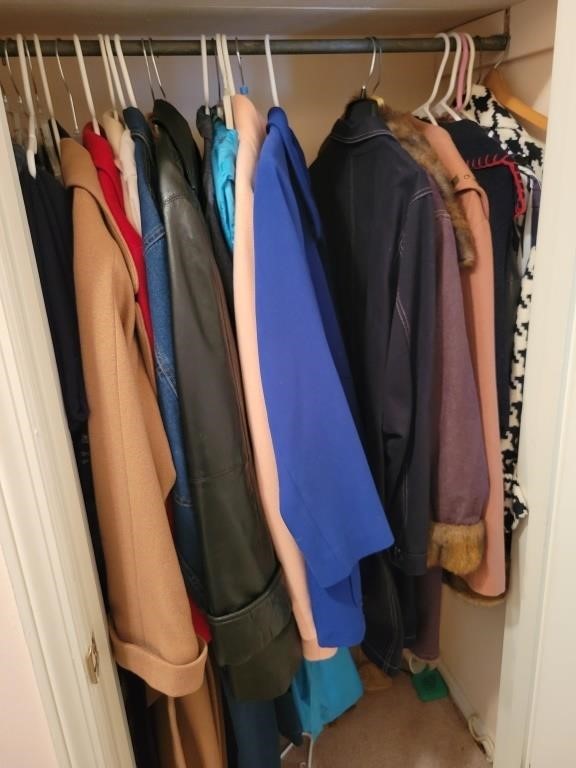 CONTENTS OF HALL CLOSET: COATS, SWEATERS,