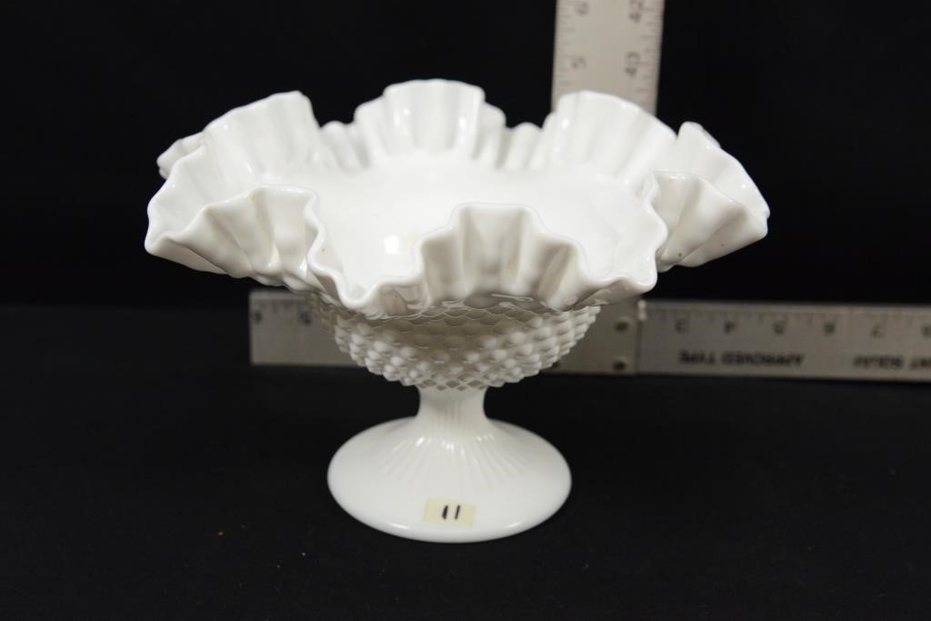 RUFFLED HOBNAIL MILK GLASS COMPOTE