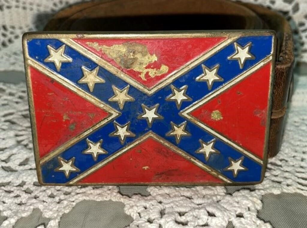 Vtg Brass Enameled Confederate Flag Belt Buckle