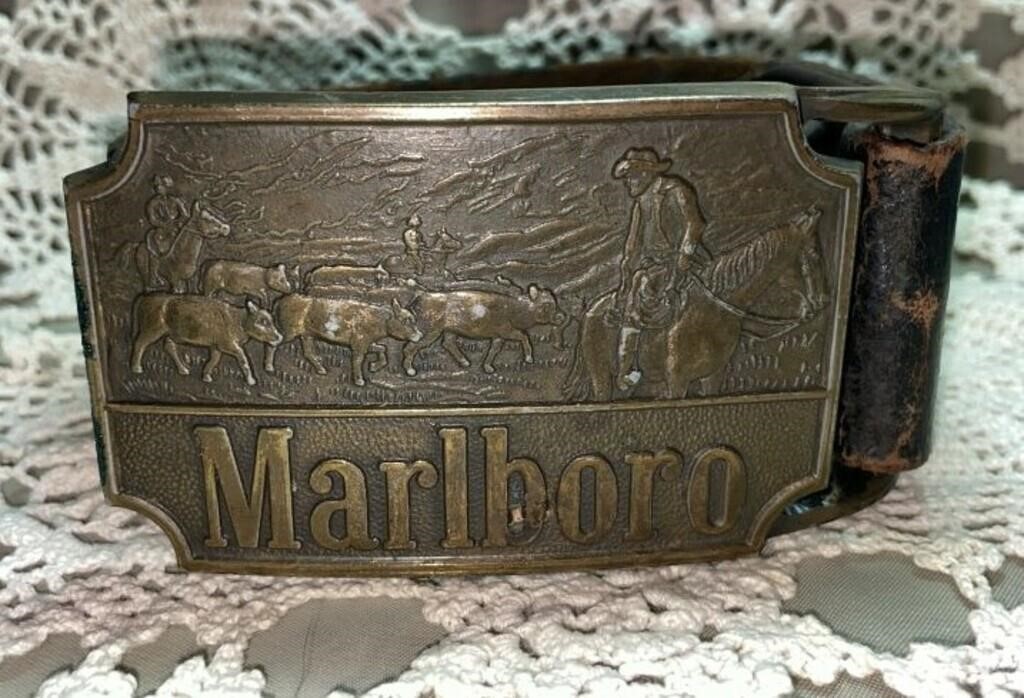 Vintage Bronze Marlboro Belt Buckle w/Leather Belt