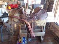 Tooled Leather Saddle with Stand & Tack