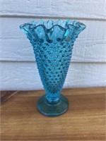 Fenton Hobnail Fluted Vase Blue Ruffled Edge 6”