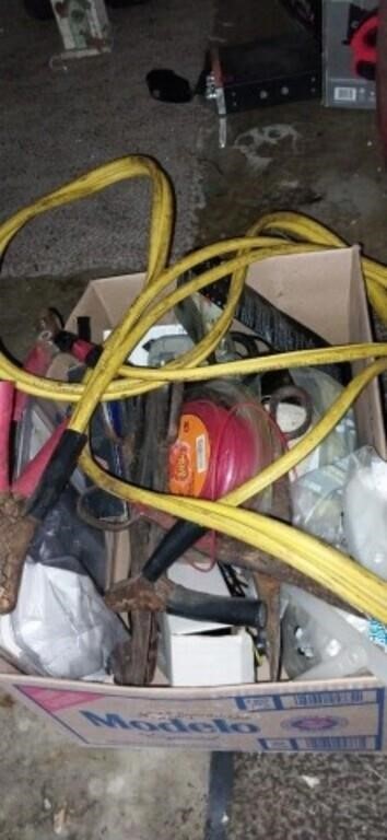 Lot with jumper cables, shears, weedeater string