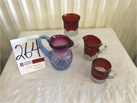 3 Ruby Glass Pieces & Pitcher