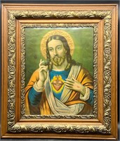 ANTIQUE PICTURE FRAME w/ SACRED HEART PRINT