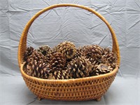 Vintage Wicker Basket Filled W/Pinecones