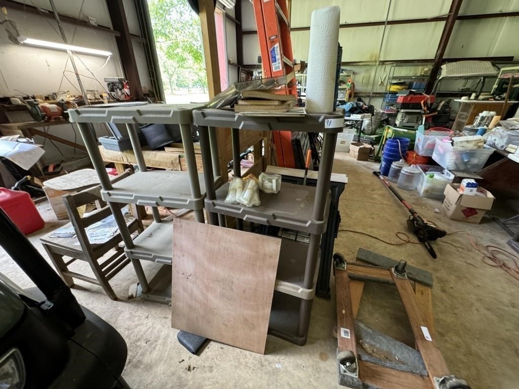 TWO GRAY PLASTIC STORAGE RACKS