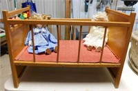 Mid Century wooden doll bed crib w/ 2 dolls,