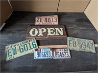 License Plate Lot and Open Sign