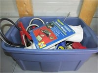 Tote of Various Auto Car Supplies, Jump Cables Etc