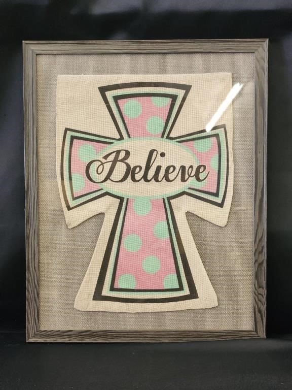 FRAMED"BELIEVE" PAINT ON BURLAP CROSS