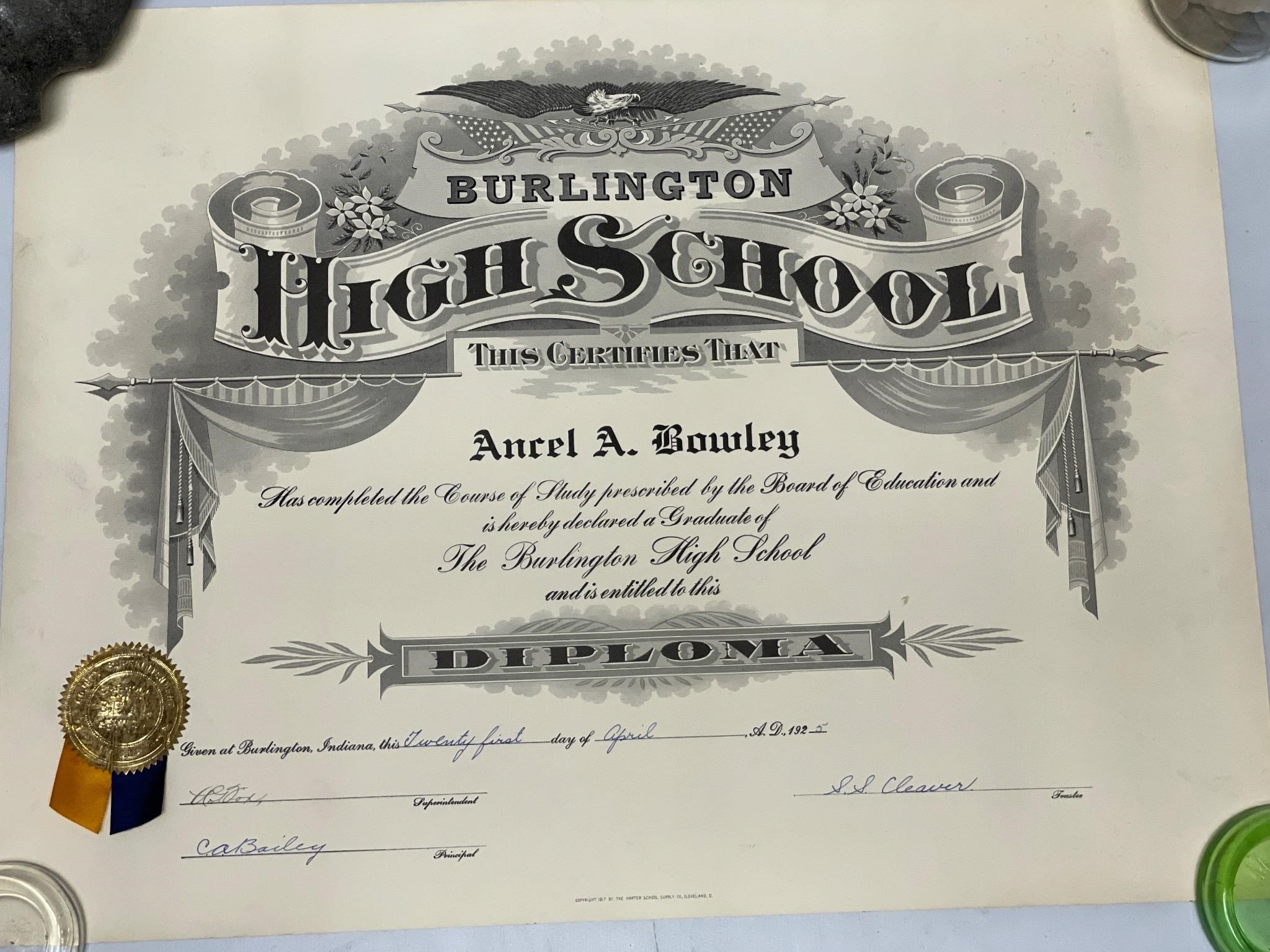1925 Burlington High School diploma