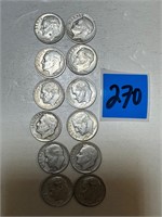 12 Roosevelt Dimes 90% silver / see pic 4 dates