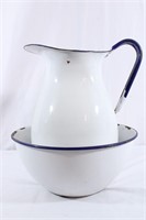 Vtg. White Enamel Pitcher & Wash Bowl