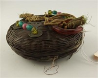 Vintage pine needle sewing basket with beaded