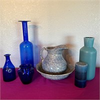USA Made Wash Basin, Cobalt Blue Glass Vases +