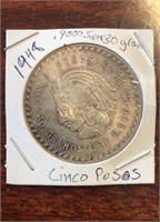 1948 Cinco Pesos; .9 Silver, 30 grams