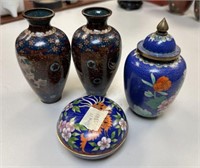 Chinese Cloisonne Flower Vase, Ginger Jar, and Tri