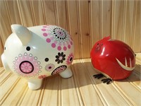 Pink & Purple Piggy Bank & Resin Bird figurine