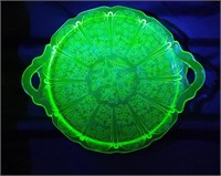 Green Depression Glass Cake Plate Cherry Blossom