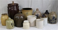 COLLECTION 12 PCS. STONEWARE; JUGS, CHURN ETC.