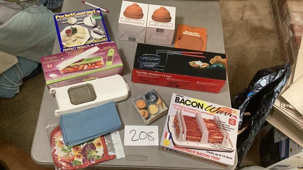 Box of miscellaneous kitchen gadgets, including a