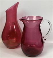 Slope Neck Cranberry Pitcher & Hand Blown Pitcher