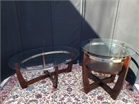Pair of wood, end tables with glass tops