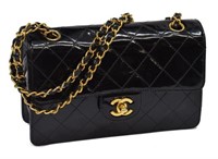 CHANEL BLACK QUILTED PATENT SMALL CLASSIC FLAP BAG