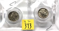 x2- Mercury dimes: 1941, 1945, Unc. -x2 nickels -
